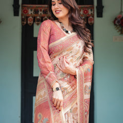 Cream with Coral Borders Linen Cotton Handloom Printed Saree, Peacock Motifs, Floral Design, and Tassels