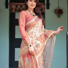 Cream with Coral Borders Linen Cotton Handloom Printed Saree, Peacock Motifs, Floral Design, and Tassels