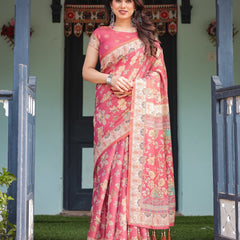 Rosy Pink with Intricate Floral Motifs Linen Cotton Handloom Printed Saree, Peacock Pallu, and Tassels