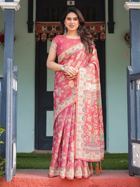 Rosy Pink with Intricate Floral Motifs Linen Cotton Handloom Printed Saree, Peacock Pallu, and Tassels