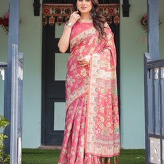 Rosy Pink with Intricate Floral Motifs Linen Cotton Handloom Printed Saree, Peacock Pallu, and Tassels
