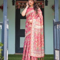 Rosy Pink with Intricate Floral Motifs Linen Cotton Handloom Printed Saree, Peacock Pallu, and Tassels