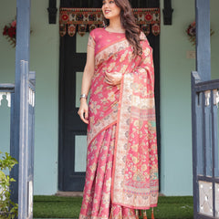 Rosy Pink with Intricate Floral Motifs Linen Cotton Handloom Printed Saree, Peacock Pallu, and Tassels