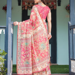 Rosy Pink with Intricate Floral Motifs Linen Cotton Handloom Printed Saree, Peacock Pallu, and Tassels
