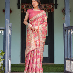 Rosy Pink with Intricate Floral Motifs Linen Cotton Handloom Printed Saree, Peacock Pallu, and Tassels