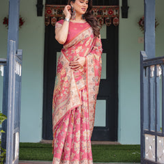 Rosy Pink with Intricate Floral Motifs Linen Cotton Handloom Printed Saree, Peacock Pallu, and Tassels