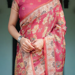 Rosy Pink with Intricate Floral Motifs Linen Cotton Handloom Printed Saree, Peacock Pallu, and Tassels