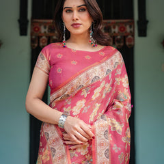 Rosy Pink with Intricate Floral Motifs Linen Cotton Handloom Printed Saree, Peacock Pallu, and Tassels