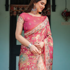 Rosy Pink with Intricate Floral Motifs Linen Cotton Handloom Printed Saree, Peacock Pallu, and Tassels