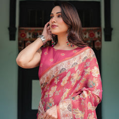 Rosy Pink with Intricate Floral Motifs Linen Cotton Handloom Printed Saree, Peacock Pallu, and Tassels
