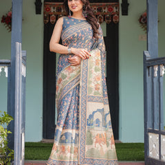 Steel Blue with Floral Patterns Linen Cotton Handloom Printed Saree, Heritage-Inspired Pallu, and Tassels