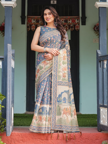 Steel Blue with Floral Patterns Linen Cotton Handloom Printed Saree, Heritage-Inspired Pallu, and Tassels