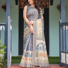 Steel Blue with Floral Patterns Linen Cotton Handloom Printed Saree, Heritage-Inspired Pallu, and Tassels