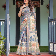 Steel Blue with Floral Patterns Linen Cotton Handloom Printed Saree, Heritage-Inspired Pallu, and Tassels