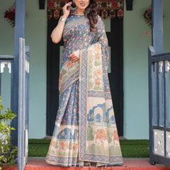 Steel Blue with Floral Patterns Linen Cotton Handloom Printed Saree, Heritage-Inspired Pallu, and Tassels