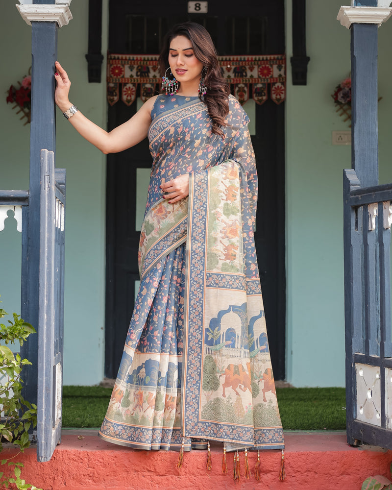 Steel Blue with Floral Patterns Linen Cotton Handloom Printed Saree, Heritage-Inspired Pallu, and Tassels