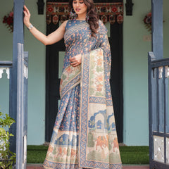 Steel Blue with Floral Patterns Linen Cotton Handloom Printed Saree, Heritage-Inspired Pallu, and Tassels