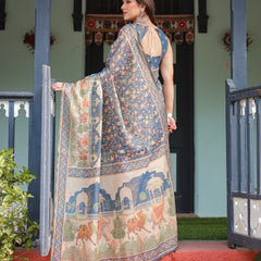 Steel Blue with Floral Patterns Linen Cotton Handloom Printed Saree, Heritage-Inspired Pallu, and Tassels