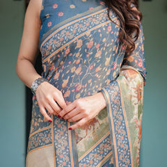 Steel Blue with Floral Patterns Linen Cotton Handloom Printed Saree, Heritage-Inspired Pallu, and Tassels