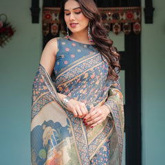 Steel Blue with Floral Patterns Linen Cotton Handloom Printed Saree, Heritage-Inspired Pallu, and Tassels