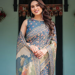 Steel Blue with Floral Patterns Linen Cotton Handloom Printed Saree, Heritage-Inspired Pallu, and Tassels