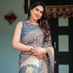 Steel Blue with Floral Patterns Linen Cotton Handloom Printed Saree, Heritage-Inspired Pallu, and Tassels