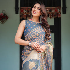 Steel Blue with Floral Patterns Linen Cotton Handloom Printed Saree, Heritage-Inspired Pallu, and Tassels