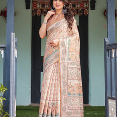 Ivory with Floral Prints Linen Cotton Handloom Printed Saree, Festive Procession Pallu, and Tassels