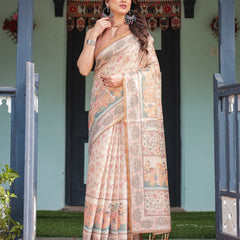 Ivory with Floral Prints Linen Cotton Handloom Printed Saree, Festive Procession Pallu, and Tassels