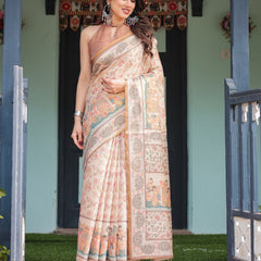 Ivory with Floral Prints Linen Cotton Handloom Printed Saree, Festive Procession Pallu, and Tassels
