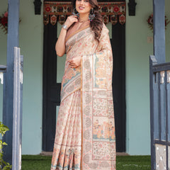 Ivory with Floral Prints Linen Cotton Handloom Printed Saree, Festive Procession Pallu, and Tassels
