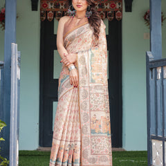 Ivory with Floral Prints Linen Cotton Handloom Printed Saree, Festive Procession Pallu, and Tassels
