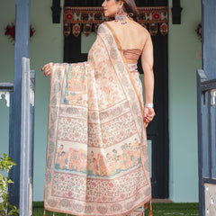 Ivory with Floral Prints Linen Cotton Handloom Printed Saree, Festive Procession Pallu, and Tassels