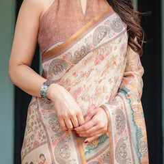 Ivory with Floral Prints Linen Cotton Handloom Printed Saree, Festive Procession Pallu, and Tassels