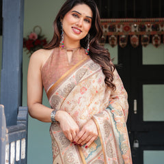 Ivory with Floral Prints Linen Cotton Handloom Printed Saree, Festive Procession Pallu, and Tassels