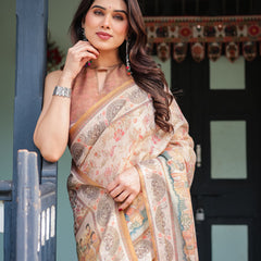 Ivory with Floral Prints Linen Cotton Handloom Printed Saree, Festive Procession Pallu, and Tassels