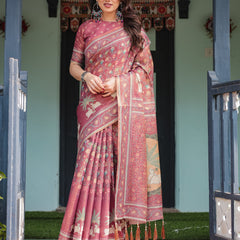 Mauve with Floral Motifs Linen Cotton Handloom Printed Saree, Pastoral Scene Pallu, and Tassels