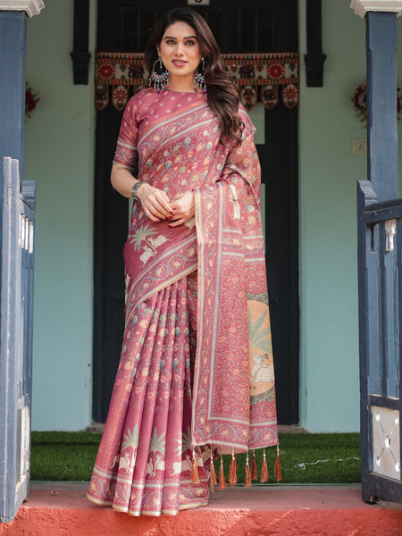 Mauve with Floral Motifs Linen Cotton Handloom Printed Saree, Pastoral Scene Pallu, and Tassels