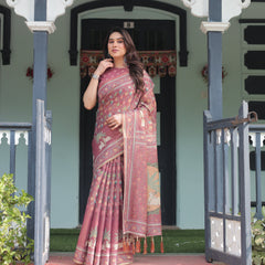 Mauve with Floral Motifs Linen Cotton Handloom Printed Saree, Pastoral Scene Pallu, and Tassels