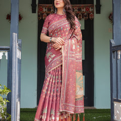 Mauve with Floral Motifs Linen Cotton Handloom Printed Saree, Pastoral Scene Pallu, and Tassels