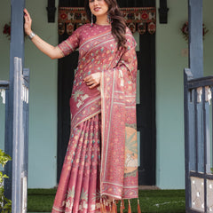 Mauve with Floral Motifs Linen Cotton Handloom Printed Saree, Pastoral Scene Pallu, and Tassels