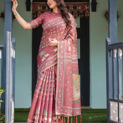 Mauve with Floral Motifs Linen Cotton Handloom Printed Saree, Pastoral Scene Pallu, and Tassels