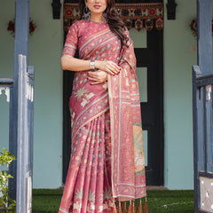 Mauve with Floral Motifs Linen Cotton Handloom Printed Saree, Pastoral Scene Pallu, and Tassels