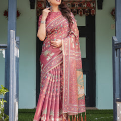 Mauve with Floral Motifs Linen Cotton Handloom Printed Saree, Pastoral Scene Pallu, and Tassels