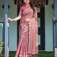Mauve with Floral Motifs Linen Cotton Handloom Printed Saree, Pastoral Scene Pallu, and Tassels