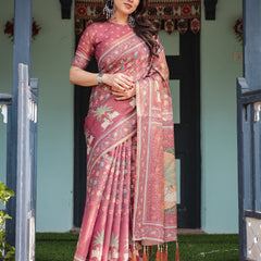 Mauve with Floral Motifs Linen Cotton Handloom Printed Saree, Pastoral Scene Pallu, and Tassels