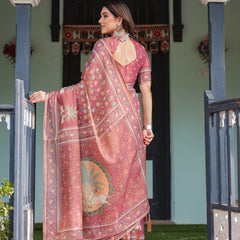Mauve with Floral Motifs Linen Cotton Handloom Printed Saree, Pastoral Scene Pallu, and Tassels
