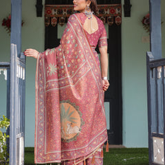 Mauve with Floral Motifs Linen Cotton Handloom Printed Saree, Pastoral Scene Pallu, and Tassels