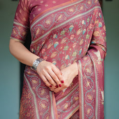 Mauve with Floral Motifs Linen Cotton Handloom Printed Saree, Pastoral Scene Pallu, and Tassels