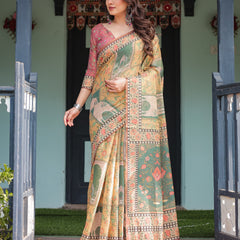 Mustard Yellow with Floral Motifs, Linen Cotton Handloom Printed Saree Architectural Pallu, and Tassels